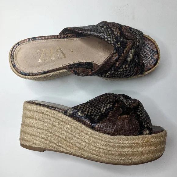 Zara Jute Espadrille Platform Sanda Size 37 Brown Snake 6.5 - Picture 2 of 6